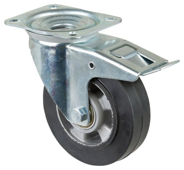 Rouleau de transport BS rollers avec frein, largeur 50 mm, Ø160 mm, jusqu'à 300 kg, pneus élastiques noirs, corps de roue en aluminium, roulements à billes, L420.B80.160