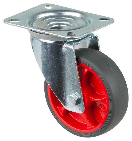 Roulette de transport pivotante BS Rollers, roue en caoutchouc thermoplastique, pneu gris, roulement à rouleaux, plaque, diamètre : 100 mm, pack : 4 pièces, L400.B44.101.03