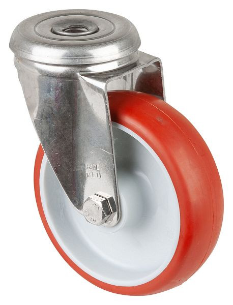 Rouleau de transport BS rollers inox, largeur 30 mm, Ø100 mm, jusqu'à 130 kg, bande de roulement polyuréthane rouge, corps de roue plastique, palier lisse, H101.B26.100