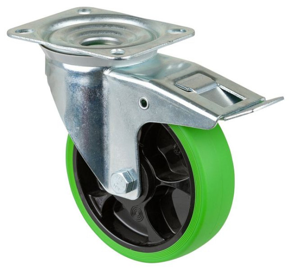 Roulette de transport pivotante BS Rollers avec frein, roue en caoutchouc thermoplastique, pneu vert, roulement à rouleaux, plaque, 160 mm, lot de 2, L420.B44.161.04
