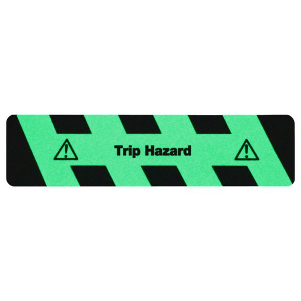 m2 surface antidérapante luminescente noir/vert avec bandes texte "Trip Hazard" 150x610mm, M1X2E150610