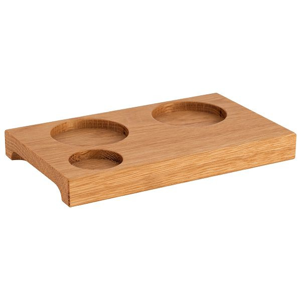 Planche de service APS, 15 x 9 x 1,5 cm, bois de chêne, huilé, avec 2 évidements Ø 4,5 cm, avec un évidement Ø 3 cm, avec 2 poignées encastrées, 00835
