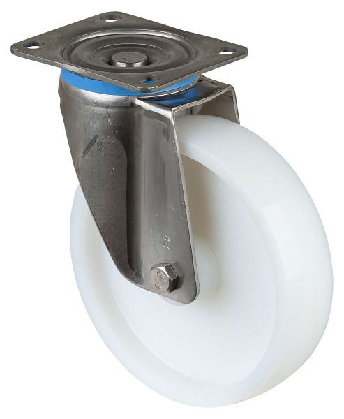 Roulette pivotante pour charges lourdes en acier inoxydable, roue en acier inoxydable, roue en plastique, roulement lisse, plaque à visser 200 mm, capacité de charge 450 kg, HS100.A90.201