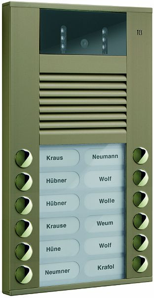 Poste de porte vidéo TCS avec caméra à 130 degrés Série AVE avec 12 boutons de sonnette (alignés à droite/à gauche), AP bronze, AVE14123-0012