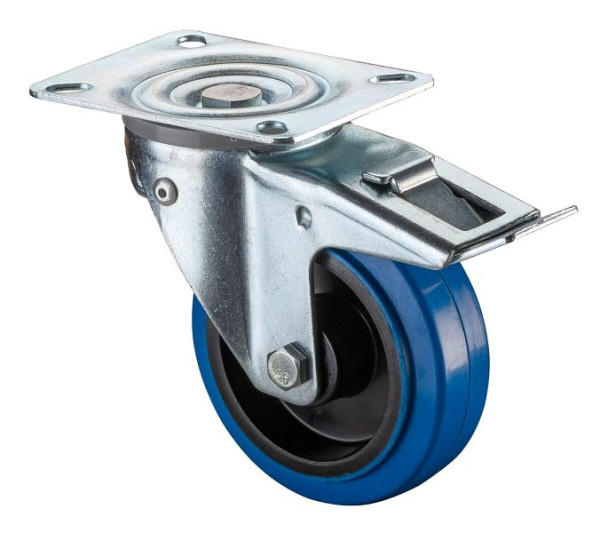 BS Castors Roulette pivotante avec frein, bandages élastiques bleus, roulement à rouleaux sur jante en plastique, lot de 2, L320.B61.100