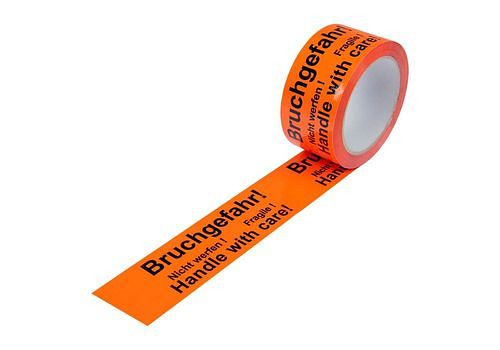 Ruban adhésif d'avertissement DENIOS, PP, impression risque de casse, en orange d'avertissement, 50 mm de large x 66 m, paquet : 12 rouleaux, 299578