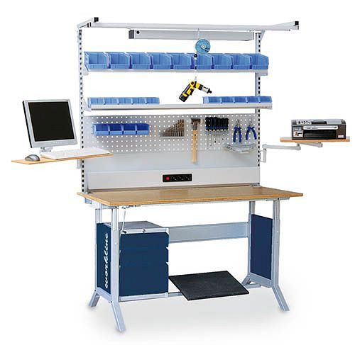 Ligne de travail à structure multi-parois Bedrunka+Hirth avec cadre supérieur, 1x canal d'énergie, 1x paroi perforée, 1x paroi magnétique, 2x étagère, 1500 x 750 x 1250 mm, 03.900.75.18