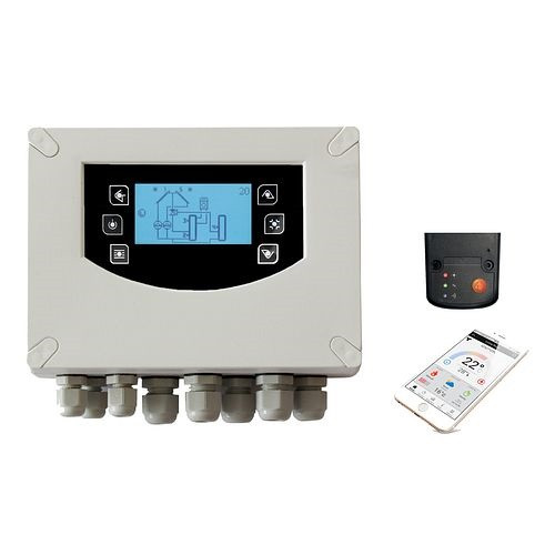 Environ Tsol600 dans un boîtier de contrôle solaire/régulateur de différence de température avec jeu de capteurs et module WiFi et application, ENTSOL600IBWL