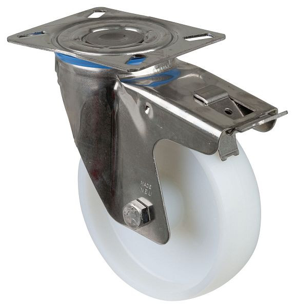 Rouleau de transport en acier inoxydable avec frein, largeur 40 mm, Ø150 mm, jusqu'à 300 kg, bande de roulement/corps de roue en plastique, palier lisse, plaque, H120.A90.150