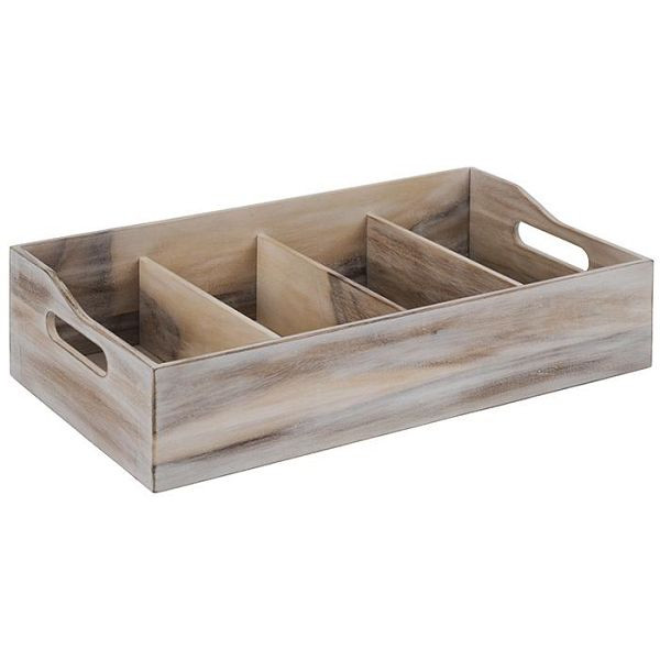 Boîte à couverts APS -VINTAGE-, 51 x 28 cm, hauteur : 13 cm, bois d'acacia, blanc, 4 compartiments, chacun : 26 x 11,5 cm, avec 2 ouvertures latérales, 11951