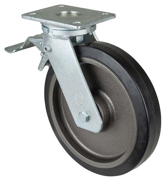 BS Rolls Roulette robuste avec roue/blocage, largeur 50 mm, Ø250 mm, jusqu'à 500 kg, bandages élastiques noirs, corps de roue en fonte, roulements à billes, RR120.B81.250