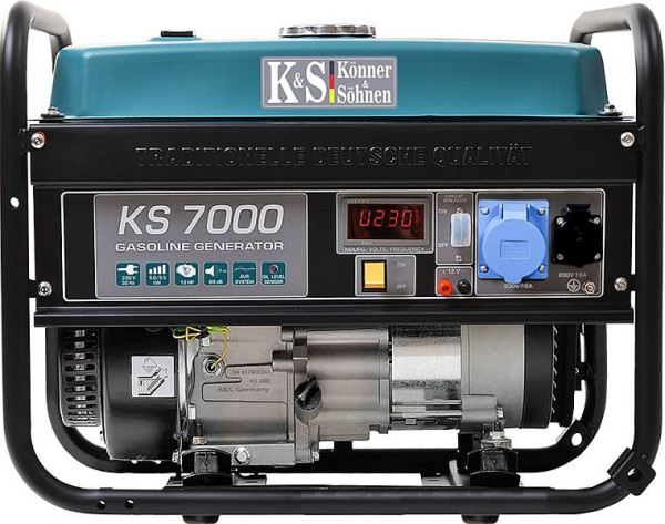 Générateur essence Könner & Söhnen 5500W, 1x16A(230V)/1x32A(230V), 12V, régulateur de tension, protection contre le manque d'huile, protection contre les surtensions, affichage, KS 7000
