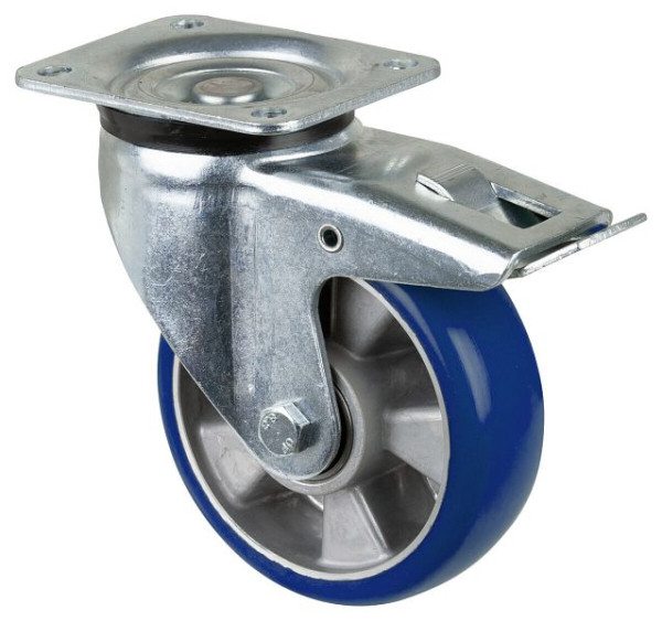 Roulette pivotante pour charges lourdes BS Wheels avec frein, roue en polyuréthane 83 Shore, jante en aluminium, roulement à billes, platine, diamètre : 160 mm, L620.B92.160