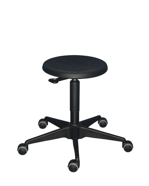 Tabouret de travail Lotz, siège PU noir avec levier de déverrouillage, ressort à gaz de sécurité, base en acier, hauteur d'assise 400-530 mm, roulettes, 3521.11