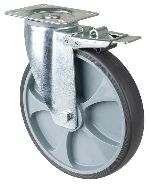 Rouleau de transport BS rollers avec frein, largeur 45 mm, Ø250 mm, jusqu'à 300 kg, pneus thermoplastiques gris, plastique, roulement à rouleaux, plateau, L420.B44.250