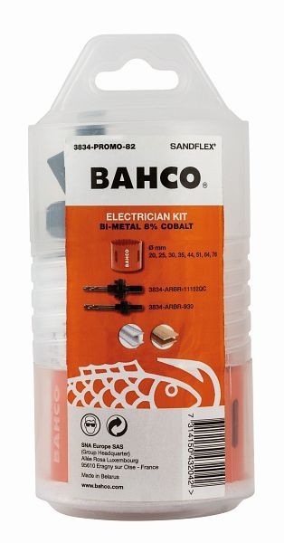 Jeu de scies cloches Bahco "Electrician", 4 pièces (composé de 8x scies cloches, 1x arbre à changement rapide, 1x arbre), 3834-PROMO-82