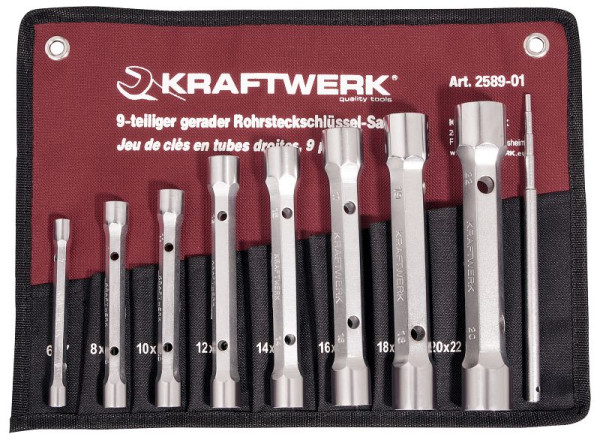 Kraftwerk Jeu de clés à douilles droites doubles/tubulaires, construction solide, fabrication CNC avec précision 6 -22 mm + goupille, 9 pièces, 2599-01