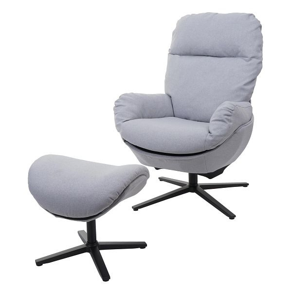 Fauteuil de relaxation Mendler + tabouret HWC-L12, fauteuil TV, fauteuil à bascule, fonction bascule, rotatif, tissu métallique/textile, gris clair, 98420
