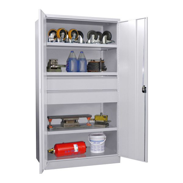 Armoire charges lourdes Pavoy 1950/1040/630, 3 étagères, 2 tiroirs (hauteur 2x175 mm), portes battantes, poignée rotative avec serrure à cylindre, 36365-104-007-910204
