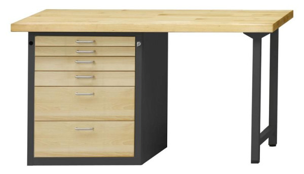Établi combiné ANKE; 1500x700 mm; RAL 7016 / hêtre ciré naturel; Hêtre plaque solide; Armoire inférieure gauche (V-BL) 660x615 mm, 6 tiroirs, modèle 814 VH