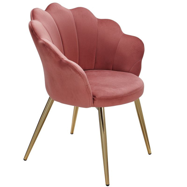 Chaise de salle à manger Wohnling en velours tulipe rose rembourrée avec pieds dorés, WL6.284