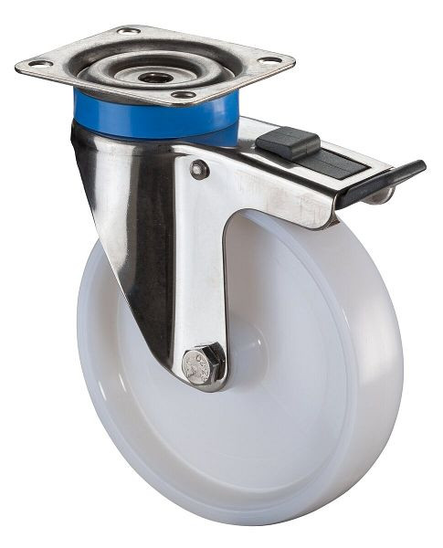 Rouleaux BS rouleau d'appareil en acier inoxydable avec frein, largeur 27 mm, Ø120 mm, jusqu'à 100 kg, bande de roulement/corps de roue en plastique, palier lisse, plaque, G120.A90.120