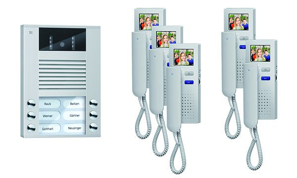 Vidéo du système de contrôle de porte TCS : pack AP pour 5 unités d'habitation, avec platine de rue AVE 6 boutons de sonnerie, 5x visiophone IVH3222, commande, PVE1550-0010