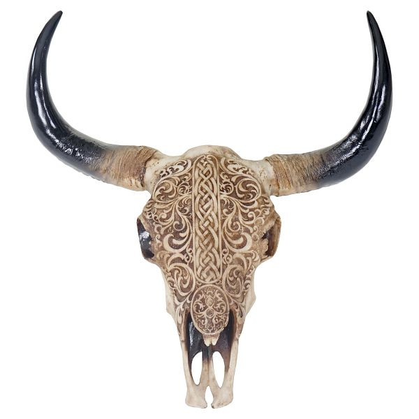Tête de mort décorative Mendler 45cm, trophée tête de taureau longhorn en polyrésine avec tribal, intérieur/extérieur, 49830