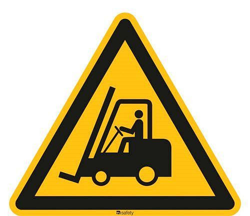 Panneau d'avertissement DENIOS "Avertissement concernant les chariots industriels", ISO 7010, aluminium, 300 mm, lot de 5, 266718
