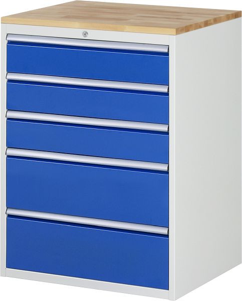 Armoire à tiroirs RAU série 7000, plan de travail en hêtre massif, 5 x taille de tiroir XL 3xH150, 2xH240 mm, 770x1035x650 mm, 03-XL7.4A-B.11