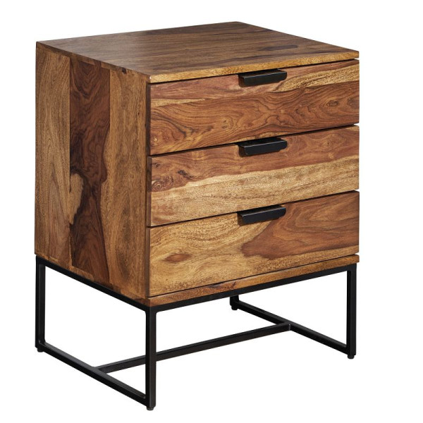 Wohnling table de chevet Sheesham bois massif / métal 50x40x65 cm table de chevet lit à sommier tapissier, console de nuit design avec 3 tiroirs, WL6.715