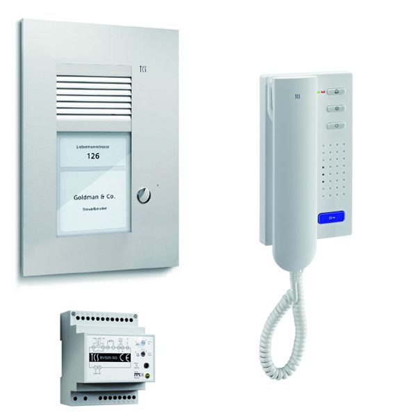 Système de commande de porte audio TCS : pack UP pour 1 unité d'habitation, avec poste extérieur PUK 1 bouton de sonnerie, 1 interphone ISH3130, unité de commande BVS20, PSU2110-0000