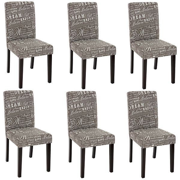 Ensemble de 6 chaises de salle à manger Mendler, chaises de cuisine, Littau, textile avec lettrage, gris, pieds foncés, 33710+33696