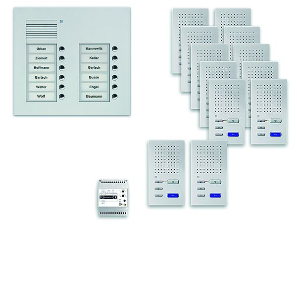 Système de commande de porte audio TCS : pack UP pour 12 unités résidentielles, poste extérieur PUK 12 boutons de sonnerie 2 colonnes, 12x haut-parleur mains libres ISW3030, commande, PPUF12 / 2-EN / 02