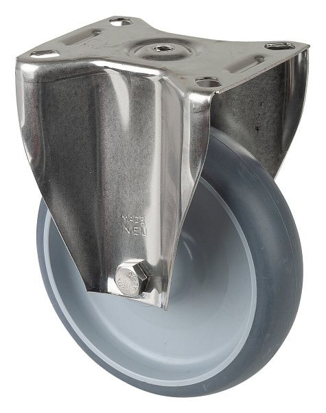 Rouleaux de transport BS rollers inox, rouleau fixe, largeur 35 mm, Ø125 mm, jusqu'à 100 kg, pneus thermoplastiques gris, plastique, palier lisse, plateau, H110.B43.125
