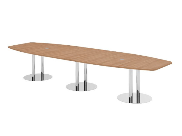 Table de conférence Hammerbacher KT40S, 400 x 130 cm, plateau : noyer, épaisseur 25 mm, avec trois pieds colonnes chromés, 7,6/70 cm, hauteur de travail 74 cm, VKT40S/N/C