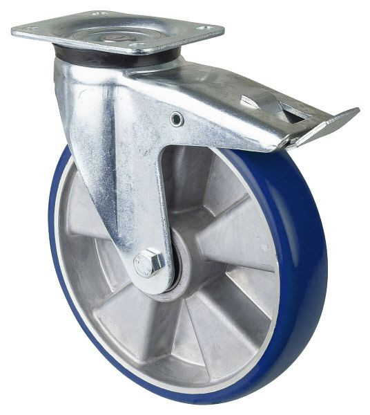 Roulette pivotante pour charges lourdes BS Wheels avec frein, roue en polyuréthane 83 Shore, jante en aluminium, roulement à billes, platine, capacité de charge 800 kg, 250 mm, L620.B92.250