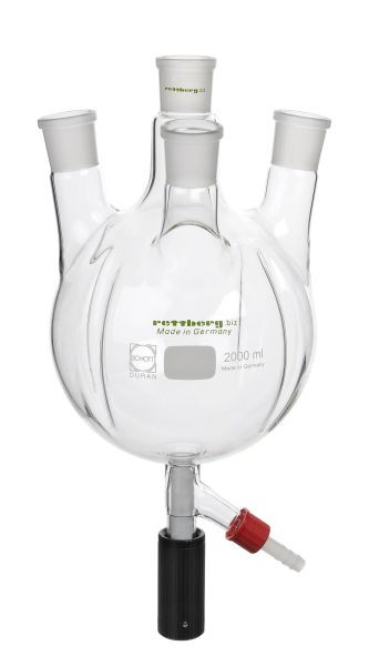 Ballon Rettberg à 4 cols, 4000 ml, avec 4 chicanes, MH NS 29, SH 2x NS 29, 1x NS 14,5 incliné, vanne de sortie inférieure 0 - 10 mm, 107000191
