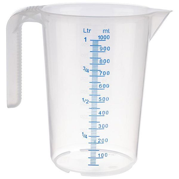 Verre doseur APS, Ø 12 cm, hauteur : 16,5 cm, 1 litre, polypropylène, avec anse ouverte, échelle de mesure en relief à l'extérieur, 30062