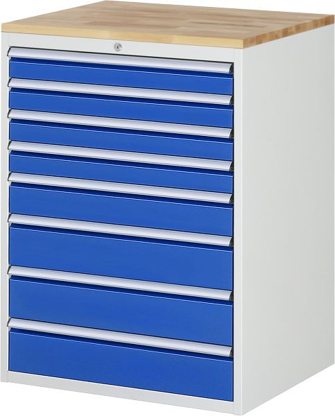 Armoire à tiroirs RAU série 7000, plan de travail en hêtre massif, 8 x taille de tiroir XL 4xH90, 1xH120, 3xH150 mm, 770x1035x650 mm, 03-XL7.8A-B.11