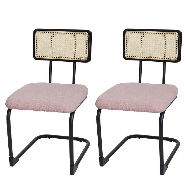Mendler set de 2 chaises cantilever HWC-K88, fauteuil, bois rotin métal bouclé, tissu/textile rose, 97716
