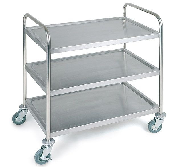 Chariot de service/transport APS, 91 x 59 cm, hauteur : 93 cm, acier inoxydable mat, 3 étagères, dimensions des étagères : environ 83 x 51 cm, 11979