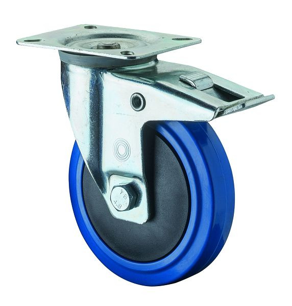 Rouleau de transport BS rollers avec frein, largeur 32 mm, Ø125 mm, jusqu'à 175 kg, pneus élastiques bleus, roulements à billes, lot de 2, L420.B62.126