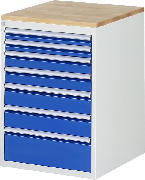 Armoire à tiroirs RAU série 7000, plan de travail en hêtre massif, 7 x tailles de tiroirs L 2xH60, 2xH90, 2xH120, 1xH180 mm, 580x825x650 mm, 03-L5.0A-B.11