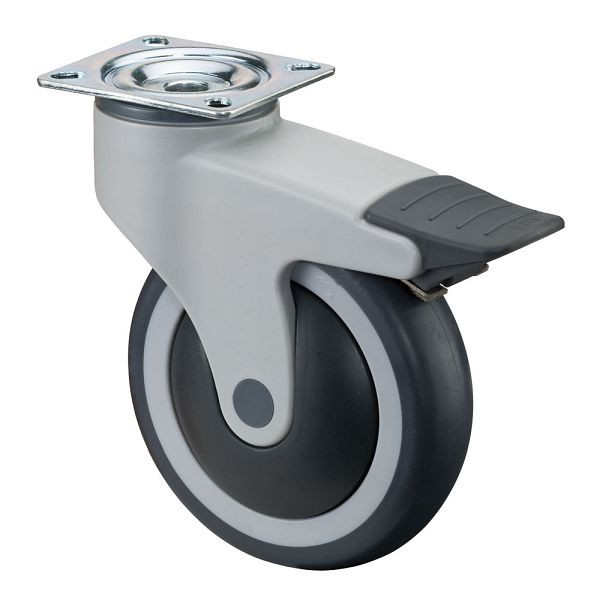 Rouleaux BS Rouleau en plastique avec frein, largeur 32 mm, Ø100 mm, jusqu'à 100 kg, bande de roulement en caoutchouc gris, roulement à billes, platine, lot de 2, C120.A82.100