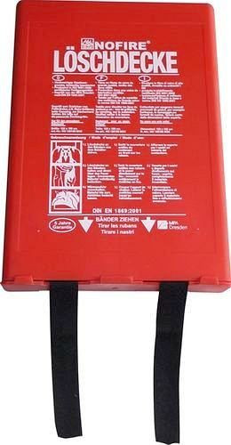 Couverture anti-feu DENIOS NoFire, 1200 x 1800 mm, tissu en fibre de verre solide, dans boîtier mural en plastique, 145-529