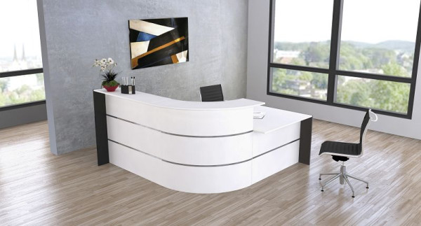 Kerkmann Bari petit comptoir en L avec bureau de consultation, L 2350 mm x P 2000 mm x H 1120 mm, couleur : blanc/anthracite, 21356910