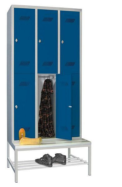 Armoire Pavoy avec banquette 2150/500/900, 3l x 2h, verrou tournant, compartiment largeur 300, bandes PVC, 60205-323-032-910611