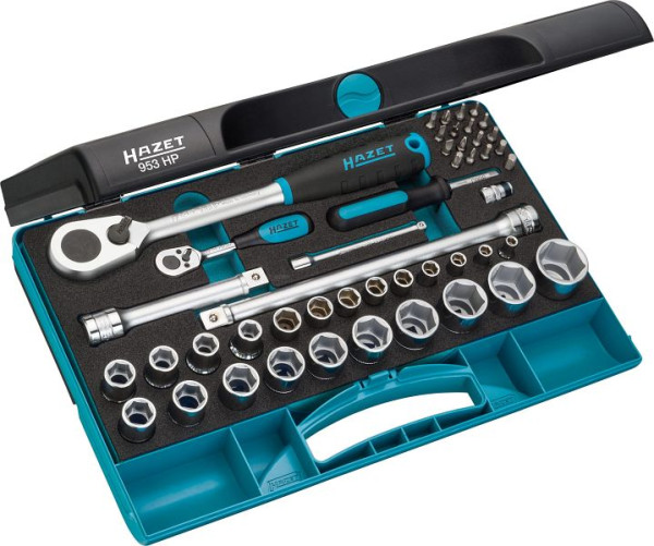 Jeu de clés à douilles Hazet, carré creux 6,3 mm, carré creux 12,5 mm, profil traction 6 pans extérieurs, profil Pozidriv PZ, profil Phillips PH, 953HP