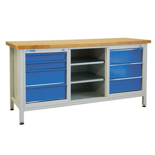 Etabli ADB 7 tiroirs + partie étagère, dimensions LxlxH : 1700x600x840 mm, couleur table de travail : gris clair, RAL 7035, couleur porte/tiroir : bleu clair, RAL 5012, 42737
